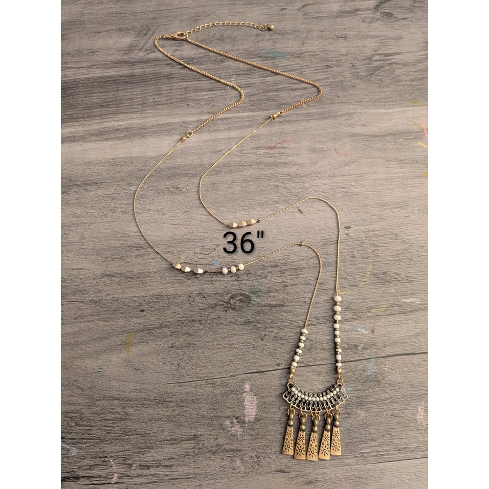 Boho Tribal Bib Necklace Gold Tone Long Chain Etched Tassel‎ Charms White Beads
